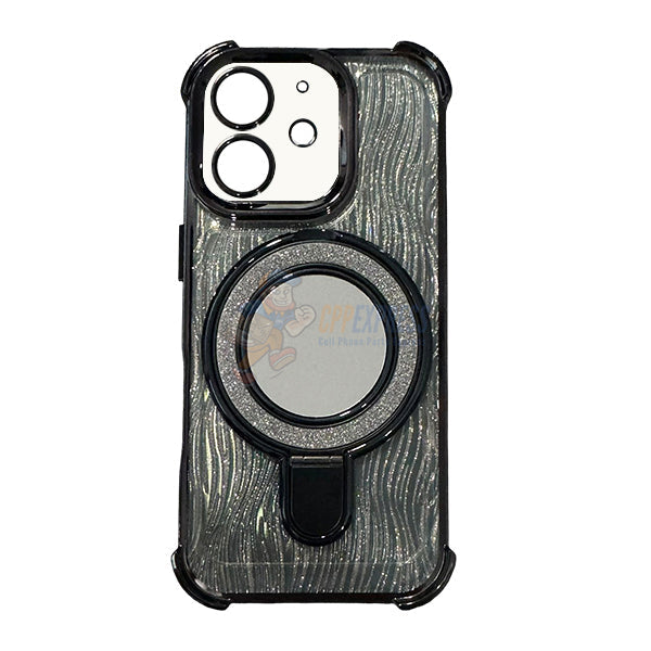 iPhone 16 Shockproof Stand Glitter & Wavy Pattern Card Magsafe Case