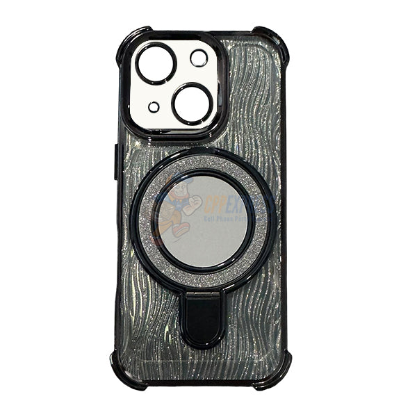 iPhone 15 Shockproof Stand Glitter & Wavy Pattern Card Magsafe Case